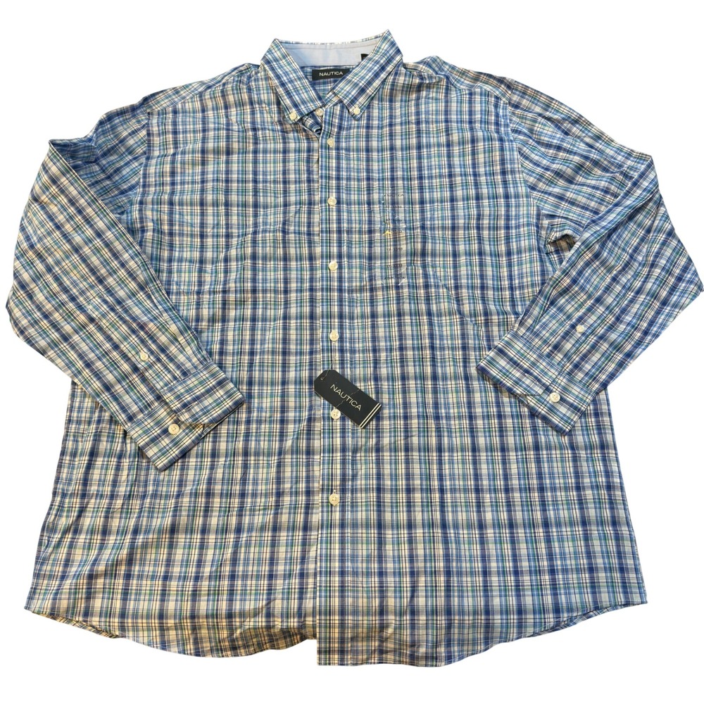 Nautica Shirt Mens XL Blue Green Plaid‎ Long Sleeve Button Down Cotton 17 32/33